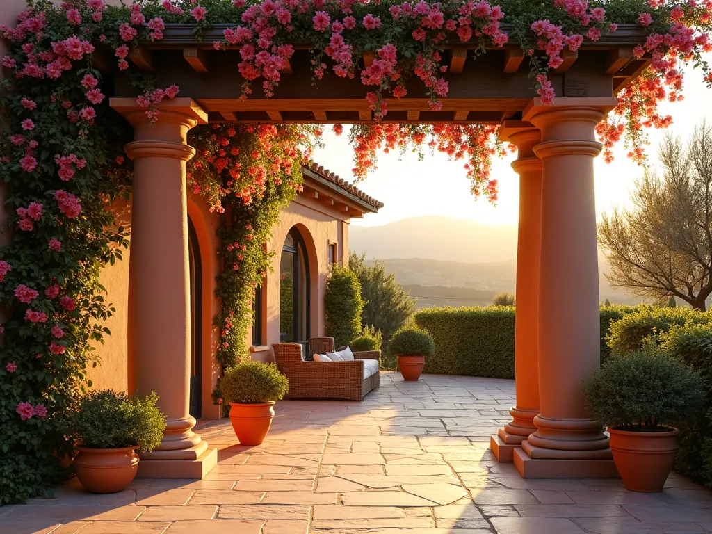 Mediterranean Terracotta Garden Pillars at Sunset - A stunning Mediterranean garden terrace at golden hour, featuring two majestic 8-foot terracotta pillars with ornate carved motifs and weathered patina. Cascading pink bougainvillea and white jasmine elegantly wrap around the columns, creating a romantic atmosphere. The pillars frame a cozy seating area with terracotta pots and olive trees, while the warm sunset light casts long shadows across the textured stone patio. Shot with a wide-angle lens capturing the entire scene with the pillars as focal points, f/8, natural lighting emphasizing the warm Mediterranean colors and architectural details. 8K, hyper-realistic, architectural photography.