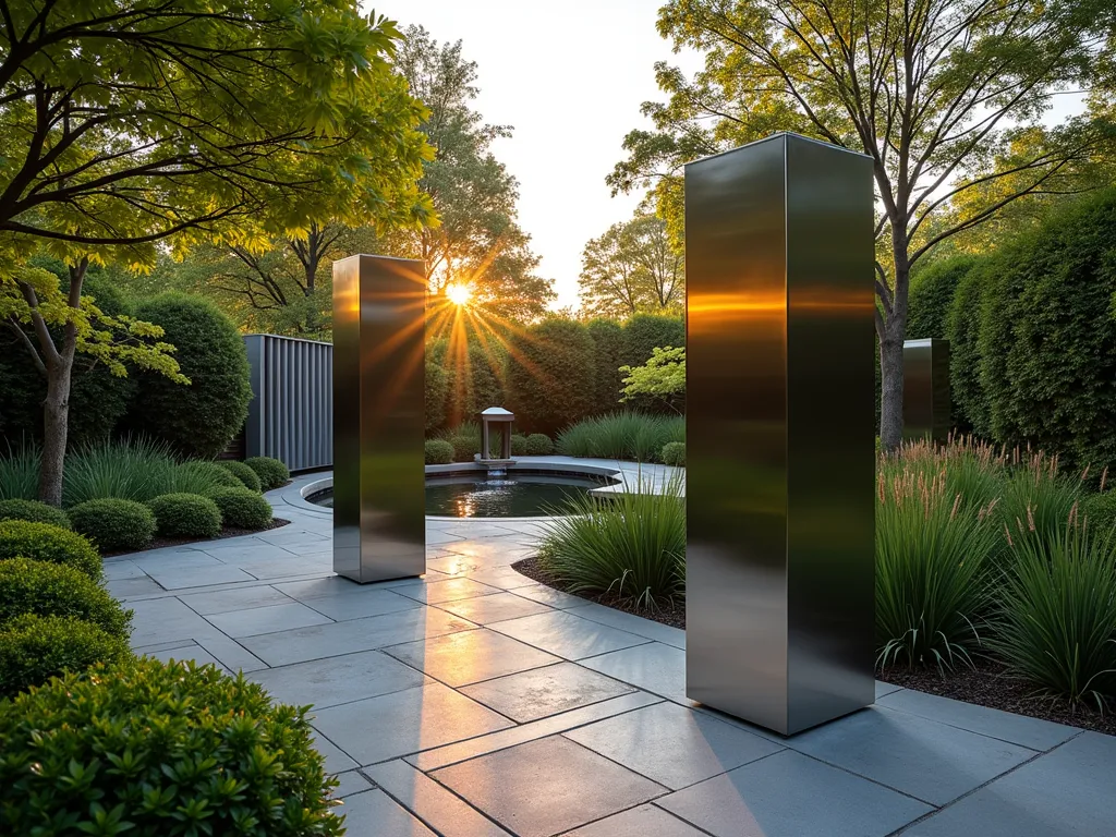 Contemporary Mirror Steel Garden Pillars at Sunset - A stunning wide-angle DSLR photograph of a modern garden space featuring three sleek, mirror-polished stainless steel pillars, perfectly spaced along a curved pathway. The pillars, standing 8 feet tall, dramatically reflect the golden sunset light and surrounding lush greenery. Japanese maples and ornamental grasses create soft reflections on the pillars' surface. A contemporary water feature provides gentle movement in the background. The pillars appear to merge with the environment, creating an ethereal effect as they reflect the sky and garden elements. Shot at f/8 with natural lighting, capturing the interplay of light and reflection. Modern geometric pavers lead the eye through the composition, while strategic uplighting begins to illuminate the scene as dusk approaches.