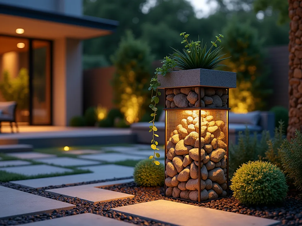 Modern Gabion Column Garden Feature - A close-up evening shot of an elegant 6-foot tall gabion column in a contemporary garden setting, illuminated by warm landscape lighting. The cylindrical wire mesh structure is artfully filled with a gradient of natural stones, from larger river rocks at the bottom to smaller pebbles at the top. Small succulent plants and trailing ivy emerge from strategic planting pockets within the column. The background shows a blurred modern patio space with ambient lighting, while the column casts intricate shadow patterns on the surrounding stone pavement. Photorealistic, architectural photography style, golden hour lighting.