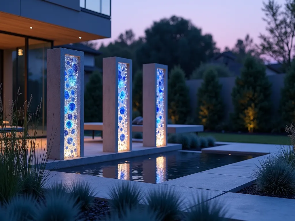 Modern Glass-Infused Garden Pillars at Twilight - A stunning twilight photograph of modern architectural garden pillars featuring polished concrete and embedded blue glass panels, captured in a contemporary backyard setting. The 6-foot tall pillars are illuminated from within by warm LED lights, creating a mesmerizing glow through the glass elements. The smooth concrete surface reflects the fading daylight, while geometric patterns of embedded glass crystals create a sophisticated interplay of light and shadow. A zen-inspired water feature flows beside the pillars, with minimalist landscaping featuring Japanese forest grass and silver-blue sedge. Shot from a low angle at f/2.8 with subtle bokeh effect, showcasing the pillars against a dusky purple sky. 16mm wide-angle perspective captures the full architectural impact while maintaining intimate garden details.