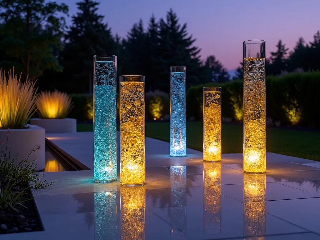 Modern Glass Garden Pillars at Twilight - A sophisticated modern garden setting at twilight featuring three 7-foot cylindrical glass tube pillars illuminated from within, casting a warm ambient glow across a contemporary patio space. The transparent pillars are filled with alternating layers of colored glass pebbles in azure blue and amber, creating a striking visual pattern. The pillars are strategically placed along a sleek limestone path, flanked by modern geometric planters containing ornamental grasses. Shot with a wide-angle lens from a low perspective, capturing the pillars' full height against a dusky purple sky, with subtle landscape lighting highlighting architectural plants in the background. The glass pillars' reflection on the polished patio surface creates a mesmerizing mirror effect, photographed with perfect clarity and professional lighting techniques.