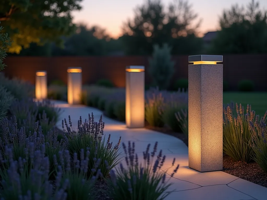 Modern Solar Light Garden Pillars at Dusk - A twilight garden scene featuring elegant cylindrical stone pillars with seamlessly integrated solar panels and warm LED lighting, photographed at dusk. The 4-foot tall pillars line a curved garden pathway, casting a gentle ambient glow across contemporary landscaping. Ornamental grasses and lavender sway in the foreground, while the pillars' brushed metallic accents catch the last rays of sunset. Shot with a wide-angle perspective at f/2.8, creating beautiful bokeh effects with the illuminated features. The modern pillars showcase a perfect blend of sustainable technology and architectural design, with subtle light patterns creating dramatic shadows on the surrounding foliage.