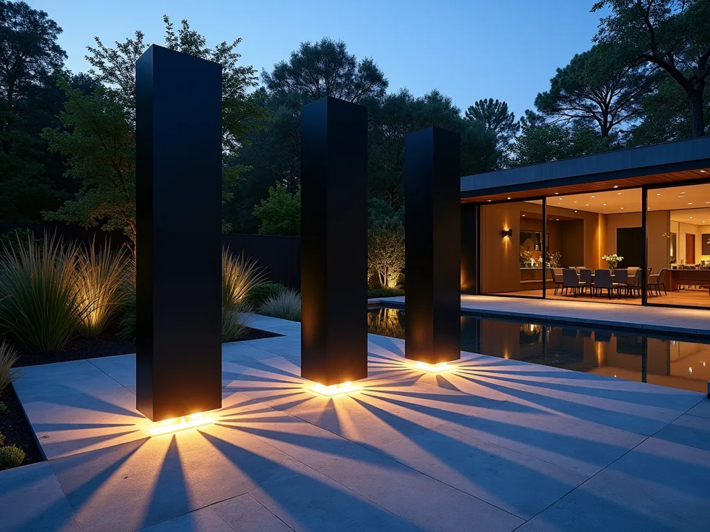 Illuminated Steel Garden Pillars at Twilight - A stunning twilight scene of a modern minimalist garden featuring three 8-foot tall sleek powder-coated steel pillars in matte black, dramatically illuminated from within with warm LED lights casting geometric patterns on a contemporary limestone patio. The monolithic structures are positioned asymmetrically among architectural grasses, creating striking shadows across the space. Wide-angle DSLR shot capturing the pillars' reflection in a nearby rectangular water feature, with a modern glass-walled house in the soft-focus background. The scene is photographed during blue hour, highlighting the contrast between the pillars' warm internal lighting and the cool ambient light. Sharp detail captured at f/8, ISO 100, creating perfect depth of field from the foreground ornamental grasses to the background architecture.