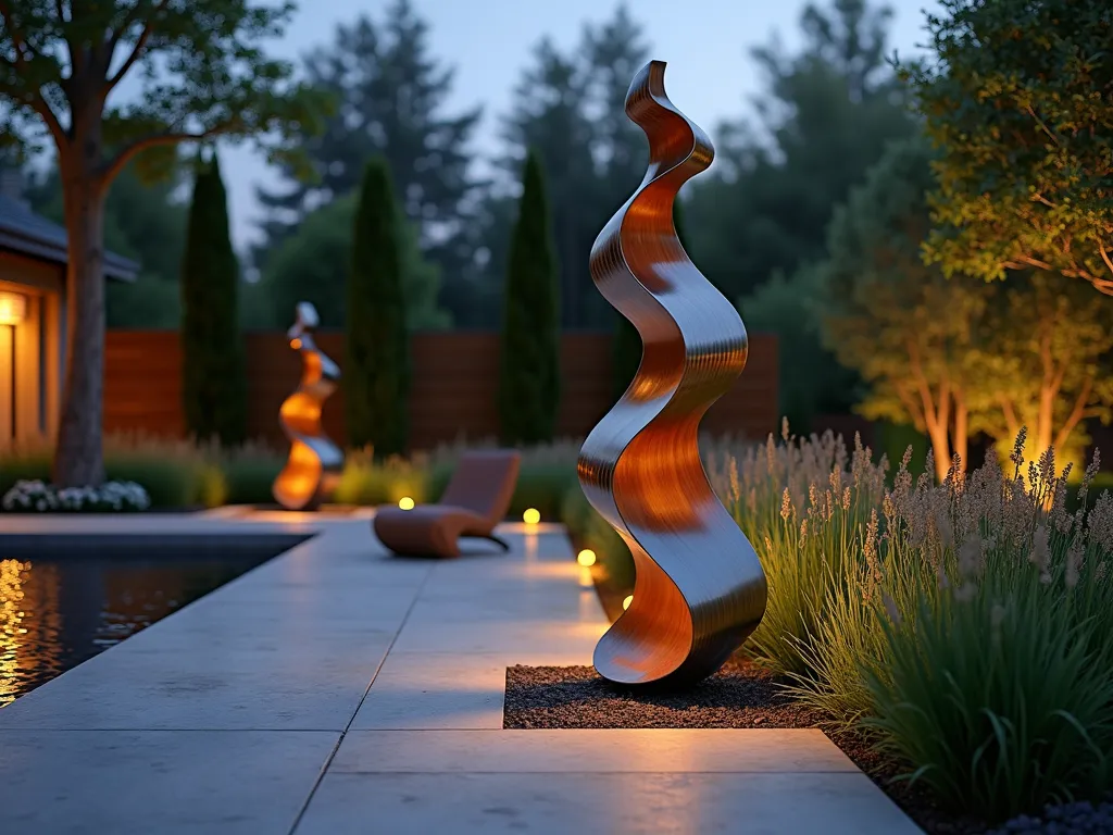 Modern Steel Ribbon Garden Pillars at Twilight - A twilight garden scene featuring elegant twisted steel ribbon pillars, 8 feet tall, with a brushed metallic finish that catches the warm evening light. The sculptural pillars spiral upward in fluid, dance-like movements, creating dramatic shadows on a contemporary limestone patio. Surrounded by ornamental grasses and illuminated by subtle ground lighting, the pillars are positioned near a sleek water feature. Shot with a wide-angle perspective at golden hour, with soft bokeh in the background showing modern landscaping. Photorealistic, ultra-detailed, architectural photography style with dramatic lighting emphasizing the metallic curves and artistic form of the pillars.