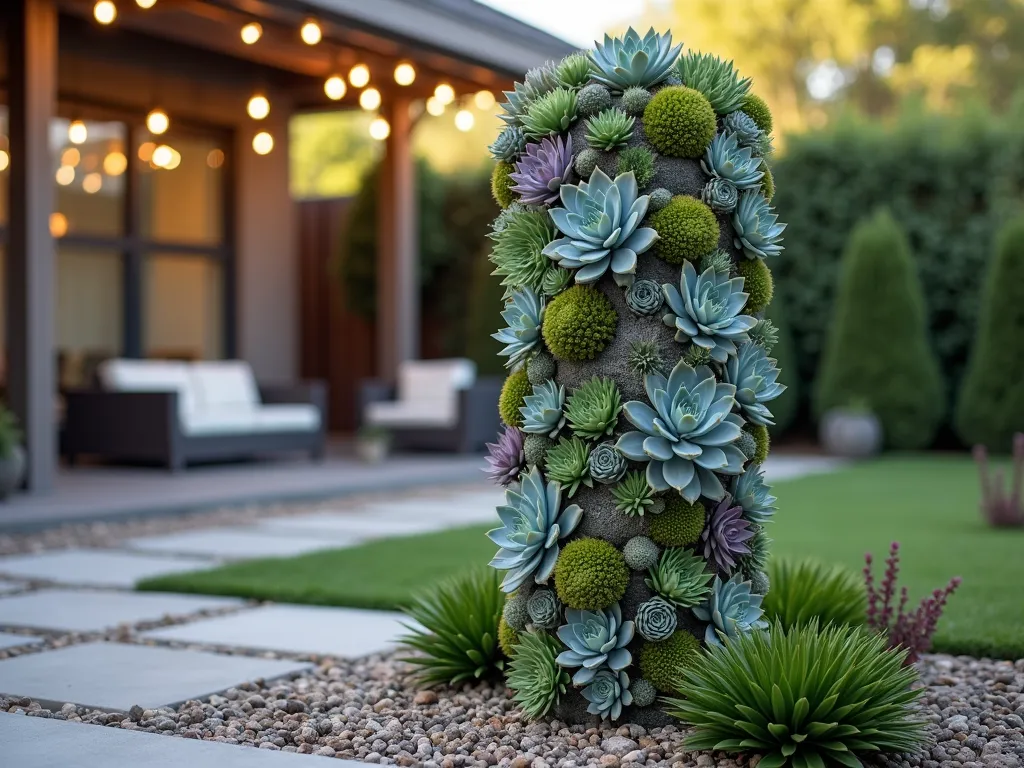 Modern Succulent Living Pillar Garden Feature - A close-up view of an elegant 6-foot cylindrical garden pillar at golden hour, completely covered in a mesmerizing arrangement of diverse succulents. The pillar features a spiral pattern of Echeveria elegans, Sempervivum, and trailing Sedum morganianum cascading down. The textural contrast between different succulent varieties creates a living tapestry of jade greens, dusty blues, and subtle purples. Soft evening light casts gentle shadows across the dimensional surface, highlighting the geometric patterns of the succulents. The pillar stands in a contemporary backyard setting with decomposed granite beneath, while blurred modern patio furniture and string lights can be seen in the background. A few complementary drought-resistant plants surround the base.