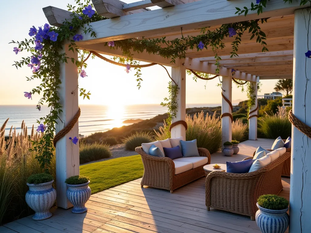 Coastal Garden with Rope-Wrapped Pillars at Sunset - A stunning coastal garden patio featuring weathered white wooden pillars elegantly wrapped in thick nautical rope, photographed during golden hour. The pillars support a white pergola structure, with climbing jasmine and blue morning glories intertwining around the rope details. The wide-angle shot captures comfortable wicker seating arranged around the pillars, with coastal ornamental grasses and lavender swaying in the foreground. Soft evening light casts long shadows across weathered deck boards, while string lights draped between the pillars create a magical maritime atmosphere. Decorative blue and white ceramic planters filled with coastal succulents accent the base of each pillar. The background reveals glimpses of the ocean through strategic gaps in the architectural elements.