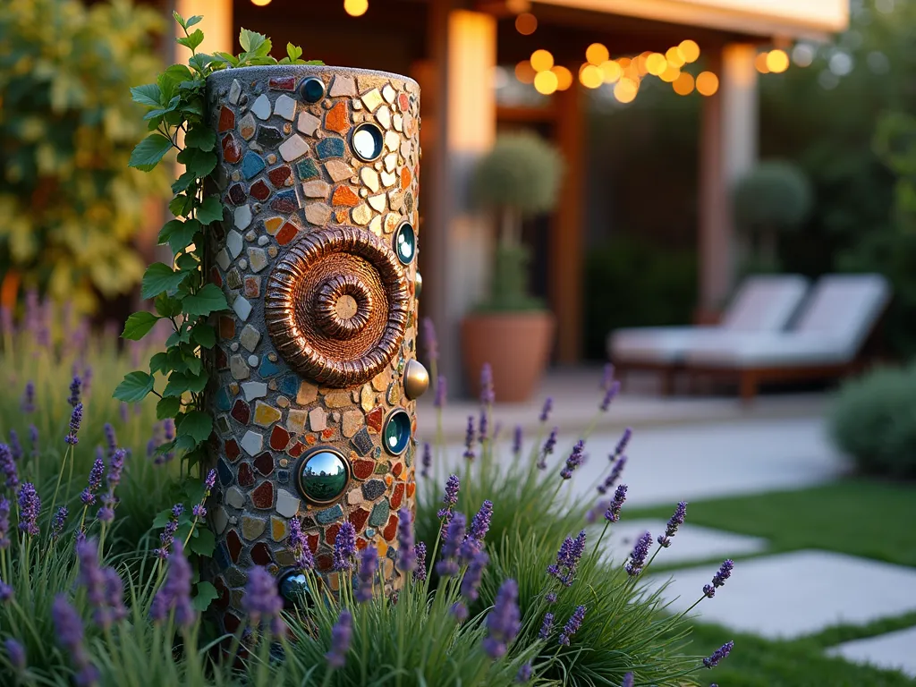 Artistic Mosaic Garden Pillar at Sunset - A close-up shot of a 6-foot tall garden pillar adorned with a stunning mosaic pattern made from recycled materials, photographed during golden hour. The pillar features a mesmerizing spiral design created from colorful broken ceramic tiles, vintage bottle caps, and copper wire elements that catch the warm sunset light. The base is surrounded by flowing lavender and ornamental grasses, while climbing jasmine delicately wraps around the upper portion. The textured surface creates an interplay of light and shadow, with small mirrors integrated into the design reflecting the evening light. The background shows a blurred contemporary garden patio, with string lights adding ambient illumination. Shot with a DSLR camera, wide-angle lens at f/8, ISO 100, 1/125 sec, capturing the intricate details and environmental context.