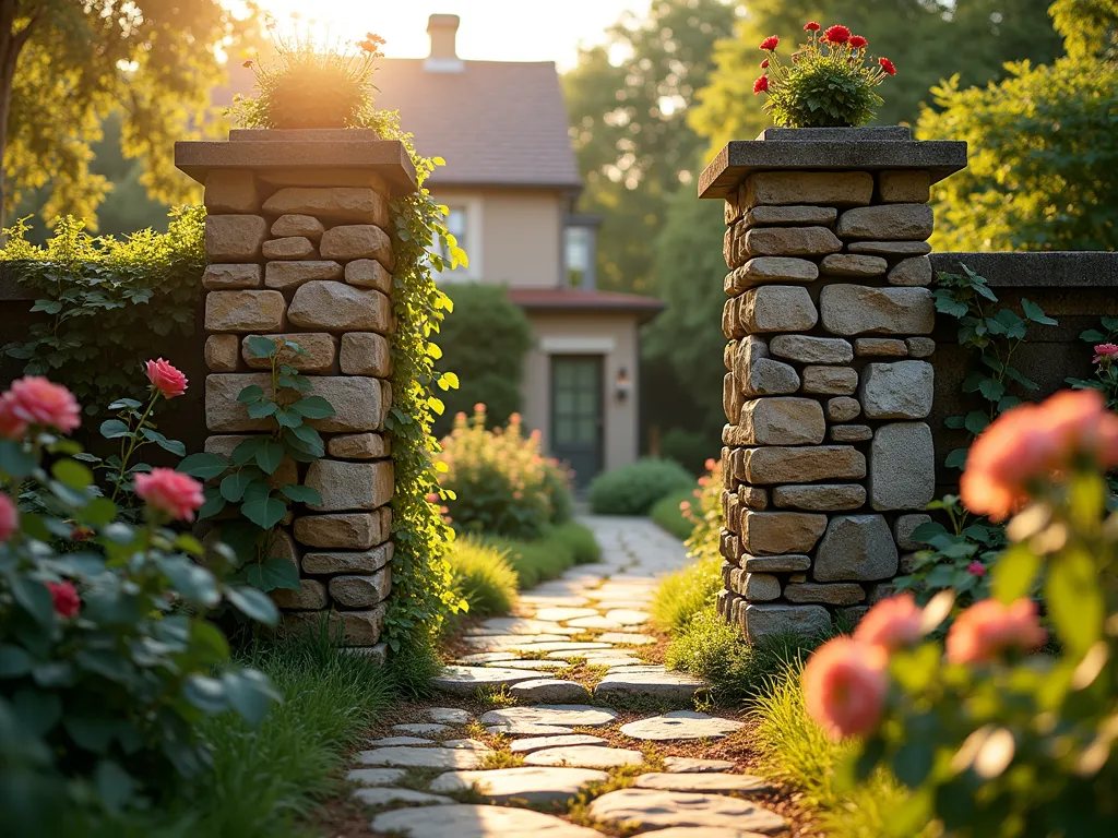 Rustic Stone Stack Garden Pillars at Sunset - A stunning wide-angle DSLR photo of naturally stacked stone pillars in a cottage garden setting at golden hour. The 6-foot-tall rugged pillars, crafted from local fieldstone in varying earth tones, frame a charming garden pathway. Climbing roses and English ivy gracefully wind around the pillars' bases. Soft evening sunlight filters through the surrounding cottage garden, casting long shadows and highlighting the natural texture of the stacked stones. The pillars feature irregular, organic shapes with larger stones at the base transitioning to smaller ones at the top, demonstrating masterful dry-stack technique. Shot with shallow depth of field highlighting the intricate stone detail while maintaining context of the rustic garden setting. Professional photography, f/8, ISO 100, dramatic lighting, photorealistic, 8K resolution.