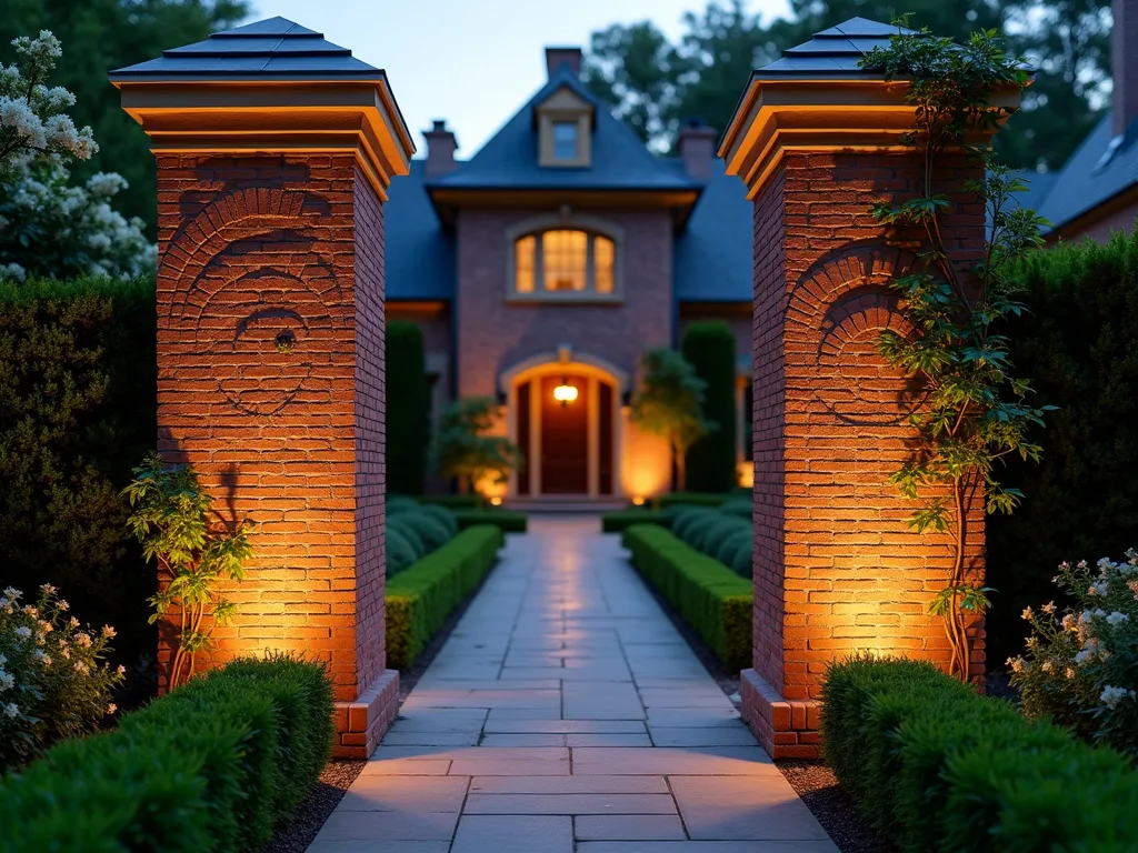 Elegant Spiral Brick Garden Pillars at Dusk - A stunning wide-angle DSLR photo of two majestic spiral brick pillars in a luxurious garden setting at dusk. The 7-foot tall columns feature artistically laid red bricks in a mesmerizing helical pattern, illuminated by warm landscape lighting. The pillars frame a grand garden entrance, with climbing jasmine vines delicately wrapping their base. A flagstone path leads between the columns, while carefully manicured boxwood hedges and flowering perennials create depth in the background. The golden hour lighting casts long shadows and highlights the intricate brickwork texture, photographed with precise depth of field at f/8, showcasing the architectural detail and craftsmanship. The transitional garden design seamlessly blends traditional materials with contemporary spiral patterns.