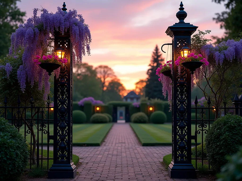 Victorian Cast Iron Garden Pillars at Dusk - A dramatic dusk photograph of an elegant garden path flanked by two towering black cast iron Victorian pillars, captured with a wide-angle 16-35mm lens at f/2.8. The ornate pillars feature intricate scrollwork and detailed floral patterns, standing 8 feet tall against a warm evening sky. Purple wisteria cascades gracefully from the tops, while vintage-style hanging baskets filled with trailing pink petunias add a romantic touch. Soft garden lighting illuminates the decorative metalwork, casting intricate shadows on the brick pathway below. The pillars frame a view of a traditional English garden beyond, with manicured boxwood hedges and climbing roses. Shot at golden hour with ISO 400 for optimal detail and ambiance.