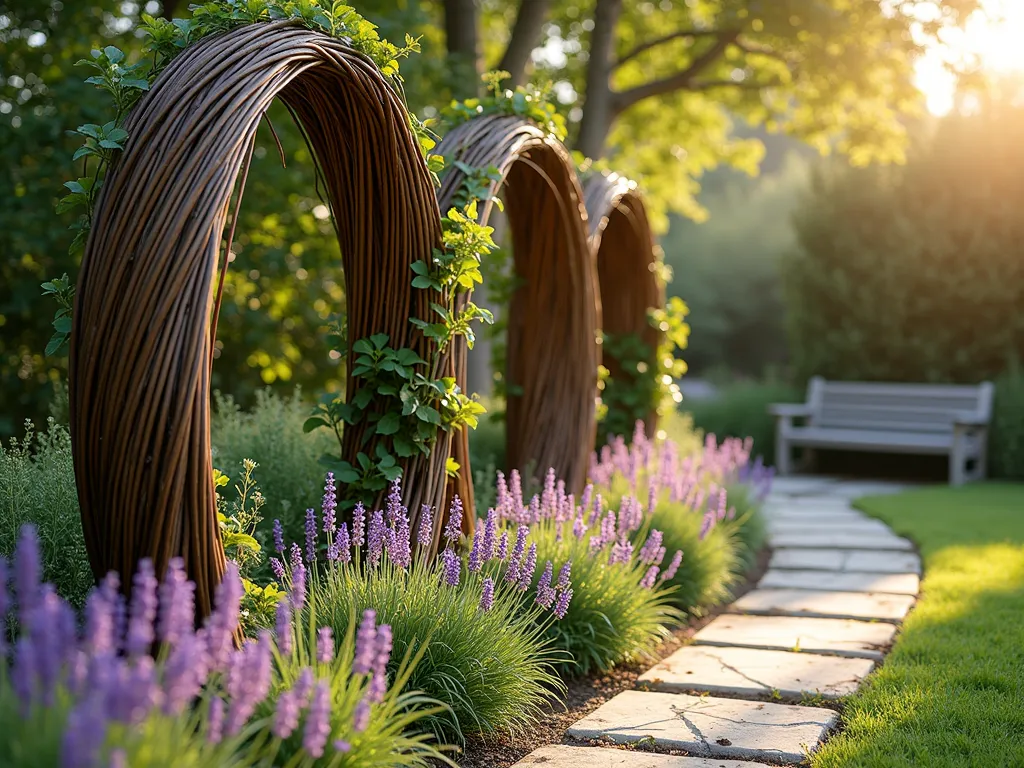 Natural Woven Willow Garden Pillars at Dawn - A serene garden scene at dawn featuring elegant 8-foot woven willow columns crafted from intertwined natural willow branches. The cylindrical pillars stand prominently along a curved garden path, captured in golden morning light. Purple clematis and delicate jasmine vines gracefully wind their way up the organic structures, creating a harmonious blend of man-made and natural elements. The willow columns cast gentle shadows across a bed of lavender and ornamental grasses, while dewdrops glisten on the woven surfaces. Shot with a wide-angle lens at f/8, the composition includes a rustic stone pathway and a weathered wooden bench in the background, providing depth and context to the naturalistic garden design. The textural detail of the intricately woven willow branches is highlighted by the soft, directional morning light.