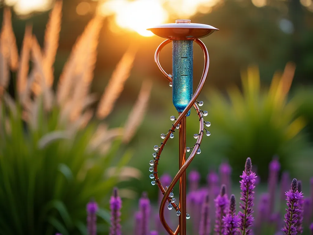 Artistic Rain Gauge Garden Pole - A stunning close-up shot of a sleek, 6-foot copper garden pole with an integrated artistic rain gauge, featuring blue hand-blown glass measuring cylinder and metallic copper rainfall catchment bowl. The pole's spiral design catches evening golden hour light, set against a backdrop of swaying ornamental grasses and purple salvia. Delicate copper wire sculptures resembling raindrops cascade down the pole, creating ethereal shadows on the garden below. Captured with shallow depth of field highlighting the intricate details of the artisanal rain gauge while softly blurring the lush garden background. Professional DSLR shot at f/8, ISO 100, 1/125 sec, during golden hour light.