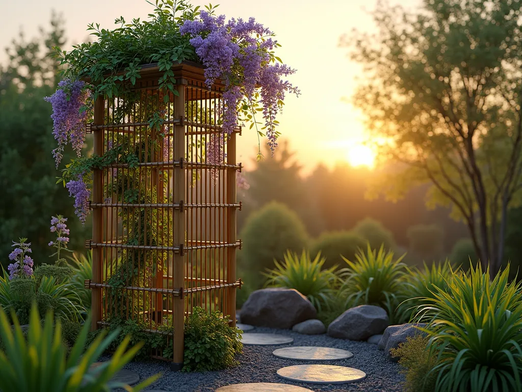 Elegant Bamboo Trellis Tower at Sunset - A serene garden scene at golden hour featuring a 8-foot tall pyramidal bamboo trellis tower, meticulously crafted from natural bamboo poles. The structure gracefully supports climbing purple wisteria and emerald green jasmine vines, creating a living tapestry against the warm sunset sky. The tower stands as a focal point in a zen-inspired garden corner, surrounded by ornamental grasses and smooth river stones. Shot from a slightly low angle to emphasize the tower's height and architectural beauty, with soft natural lighting casting gentle shadows through the climbing plants. The bamboo's natural honey-colored tones complement the lush greenery, while dew drops on the foliage catch the evening light. Photorealistic, high detail, 8k resolution.