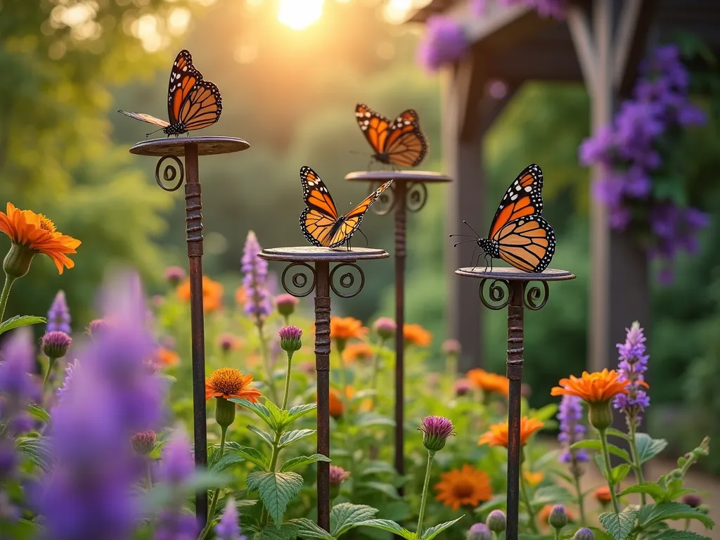 Butterfly Haven Garden Pole Display - A serene late afternoon garden scene featuring artistic copper and metal butterfly perching poles, 16mm wide angle shot. Three 6-foot decorative poles with intricate spiral patterns and flat landing platforms are surrounded by a lush butterfly garden. Purple coneflowers, lavender, and bright orange butterfly weed create a colorful foreground that transitions into soft bokeh. Golden sunlight filters through the scene as several monarch and swallowtail butterflies rest on the platforms. The poles have a weathered patina finish that complements the natural garden setting. The background shows a partial view of a wooden pergola covered in climbing purple clematis.