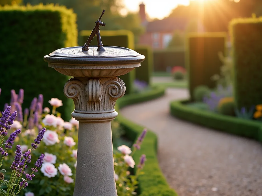 Classical Garden Sundial Post at Golden Hour - A stunning DSLR wide-angle photograph of an elegant bronze sundial mounted atop a carved limestone garden pole, captured during golden hour. The 6-foot decorative pole features intricate classical motifs and stands prominently in a well-manicured English garden setting. Surrounding the sundial post are blooming lavender and white roses, creating a romantic frame. Soft evening sunlight casts long shadows across the sundial's face, while a weathered patina on the bronze adds character. In the background, a curved gravel path leads to additional garden features, with perfectly trimmed boxwood hedges providing structure. The composition emphasizes the sundial's timeless beauty while maintaining sharp detail throughout, thanks to the f/8 aperture and professional lighting.