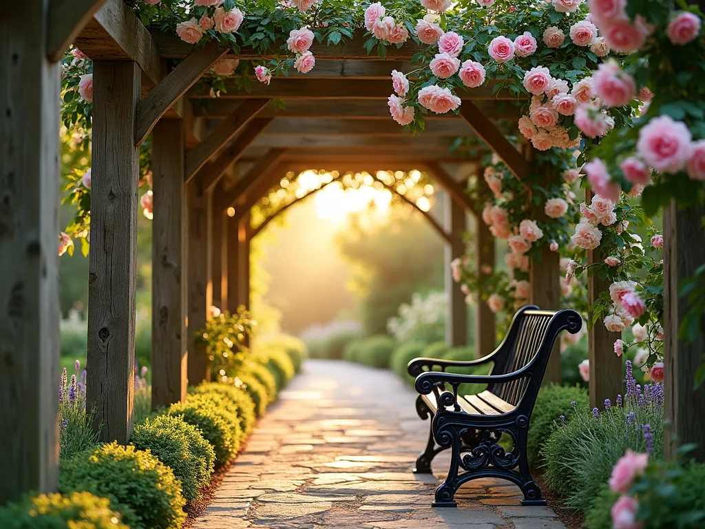 Romantic Rose Pillar Garden Path - A golden hour photograph of an enchanting garden path lined with tall wooden pillars supporting blooming climbing roses in soft pink and white. The 8-foot weathered cedar poles are connected by elegant crossbeams, creating romantic archways draped with cascading David Austin roses in full bloom. Morning dew glistens on the petals while dappled sunlight filters through the rose-covered structure. The path beneath is laid with natural stone pavers, flanked by lavender borders and cottage garden perennials. A vintage wrought iron bench sits at the end of the path, creating a serene focal point.