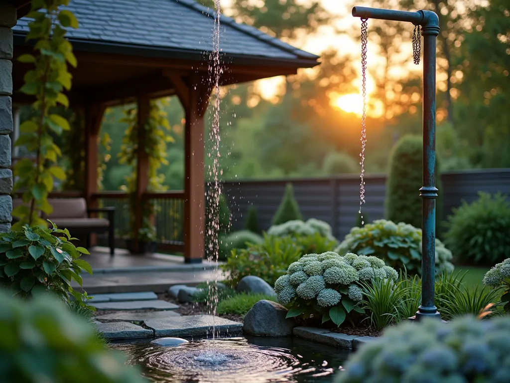 Elegant Copper Rain Chain Garden Feature - A serene dusk scene featuring a Japanese-inspired garden corner where an elegant copper rain chain pole gracefully descends from a modern pergola's edge. The copper pipe, weathered to a stunning blue-green patina, catches the last golden rays of sunlight. Water droplets cascade down the chain, creating a mesmerizing display as they fall into a carefully designed rock garden below, surrounded by lush hostas and Japanese forest grass. The composition shows both the full height of the rain chain and a detailed close-up of the verdigris finish, with soft bokeh effects highlighting the water's movement. Natural stone pavers lead to this tranquil corner, while climbing hydrangeas frame the scene, creating a harmonious blend of architectural elements and natural beauty.