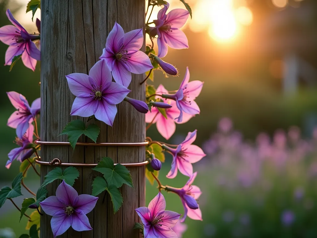 Elegant Clematis Column Garden Feature - A close-up shot at golden hour of a majestic 8-foot wooden garden pole structure featuring blooming purple and pink clematis vines gracefully climbing and cascading. The sturdy, weathered cedar pole includes decorative copper wire supports in a spiral pattern. Soft evening light filters through the abundant clematis blooms, creating a magical atmosphere. The background shows a blurred cottage garden setting with complementary perennials. Photorealistic, high detail, dramatic lighting, professional garden photography style.