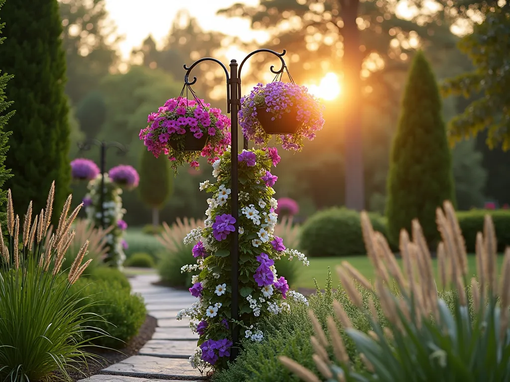 Elegant Garden Pole Hanging Basket Display - A stunning garden scene at golden hour featuring a sophisticated black metal pole system with multiple curved arms extending at different heights, adorned with vibrant hanging baskets. The system showcases cascading purple petunias, pink fuchsias, and white trailing lobelia creating a waterfall effect of flowers. Shot from a medium-wide angle perspective, capturing the full 8-foot height of the structure against a softly blurred garden background with mature trees. The late afternoon sunlight filters through the flowers, creating a magical atmosphere with natural lens flare. The pole system is positioned on a curved garden path with natural stone pavers, while ornamental grasses sway gently in the foreground. DSLR photo with natural depth of field, crisp details on the flowers, and professional composition.