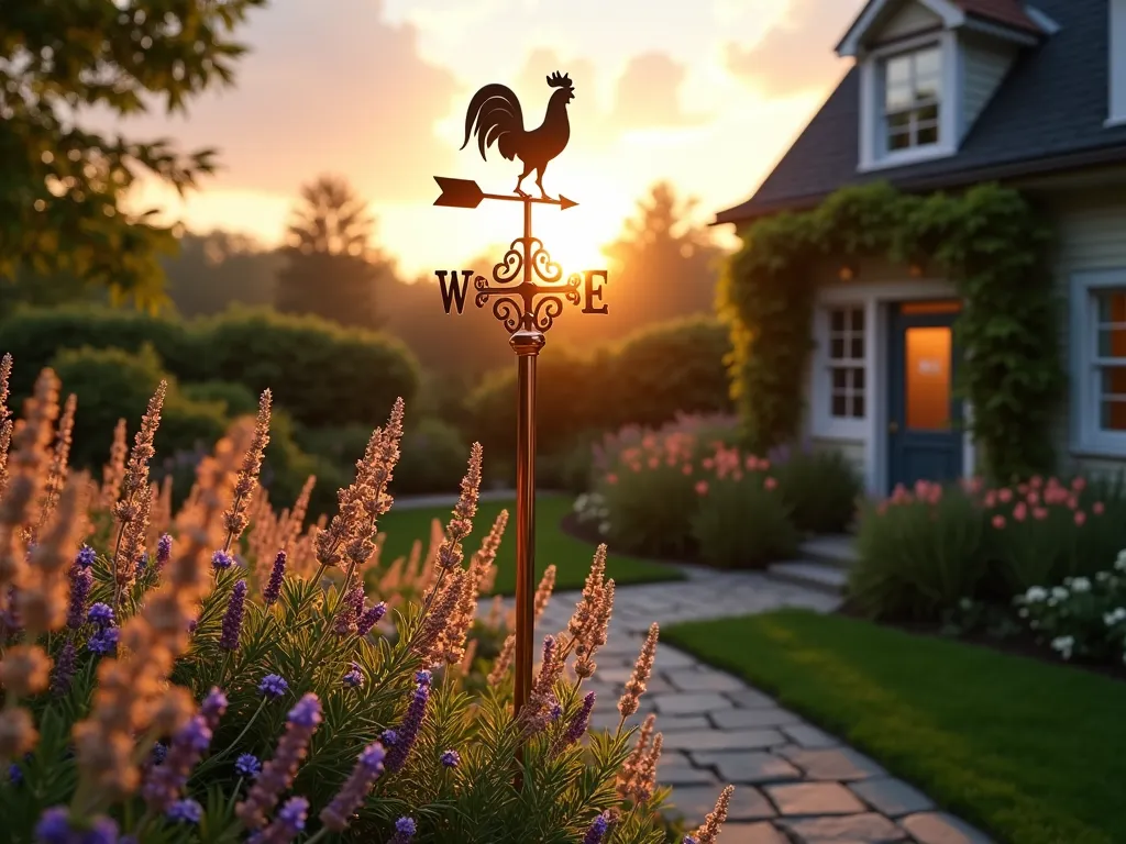 Elegant Weather Vane Garden Pole at Sunset - A stunning wide-angle dusk shot of a copper and brass weather vane pole standing 8 feet tall in a meticulously landscaped garden. The ornate weather vane features a traditional rooster design with intricate scrollwork, catching the golden light of sunset. The pole is surrounded by flowering lavender and ornamental grasses that sway gently in the breeze. In the background, a classic cottage-style garden with climbing roses and a stone pathway creates depth. The weather vane casts long shadows across the garden, while the warm evening light creates a magical atmosphere. Shot with shallow depth of field to capture the metallic details of the weather vane against the soft-focused garden backdrop. Photorealistic, highly detailed, architectural photography style.