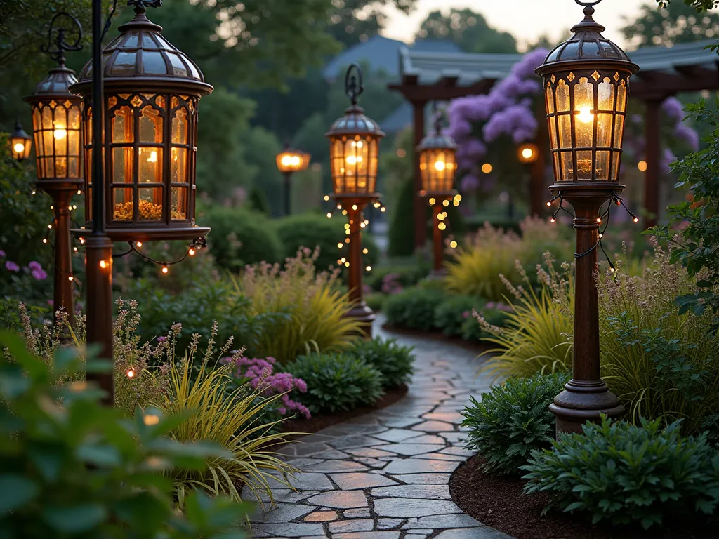 Enchanted Mirror Garden Poles at Dusk - A serene garden scene at dusk featuring elegant wooden poles with ornate vintage-style mirrors mounted at varying heights. The mirrors catch the golden evening light, creating magical reflections of flowering climbers and nearby foliage. The poles are strategically placed along a curved garden path, with some mirrors angled to reflect a blooming wisteria pergola in the background. Japanese maples and ornamental grasses surround the base of each pole, while fairy lights wrap around the posts, creating a dreamy atmosphere. The mirrors create an illusion of infinite depth, making the intimate garden space appear vast and mysterious. Shot from a medium-wide angle to capture both the immediate detail of the mirror posts and the enhanced sense of space they create.