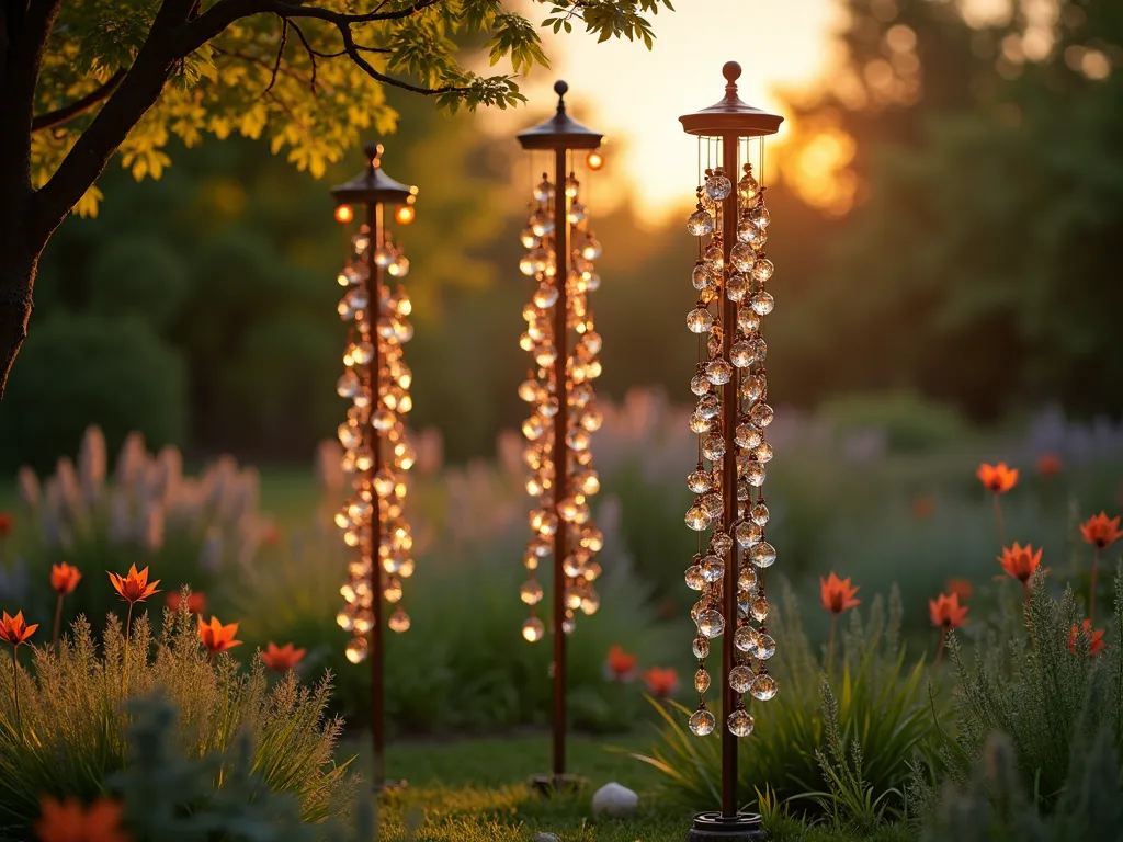 Enchanted Musical Wind Chime Garden Poles - A magical twilight garden scene featuring three elegant copper poles of varying heights (8-10 feet) arranged in an artistic triangle formation. The poles are hand-painted with spiraling metallic patterns in copper and brass tones, supporting multiple tiers of crystalline and brass wind chimes that catch the golden hour light. The scene is set against a lush garden backdrop with ornamental grasses swaying in the breeze, while Japanese maple trees frame the composition. Soft bokeh lighting effects from hidden garden lights create a dreamy atmosphere, with the chimes appearing to dance in the gentle evening breeze. Shot from a low angle to emphasize the height and majesty of the poles, with selective focus on the intricate details of the wind chimes. Captured during golden hour with natural sunlight filtering through the chimes, creating magical light patterns on the surrounding foliage. Photographic style: atmospheric, artistic, with rich depth of field and dramatic lighting.