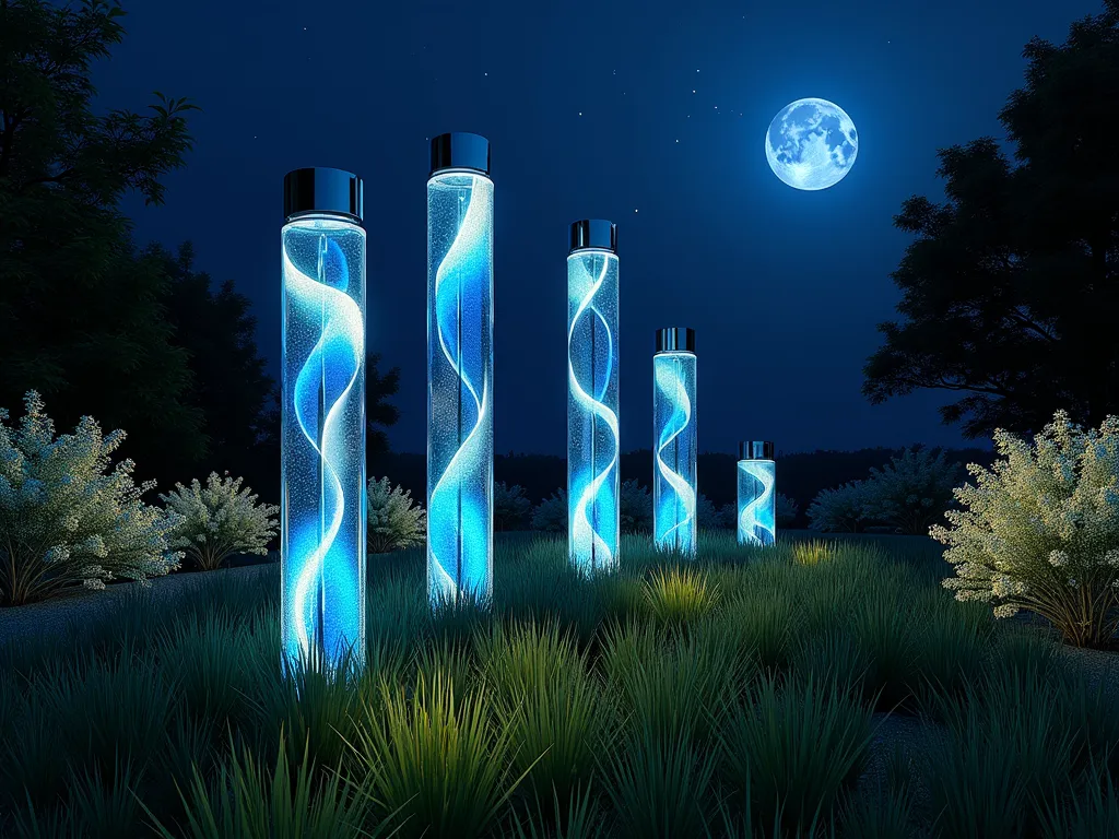 Ethereal Moonlit Garden Poles - A mesmerizing nighttime garden scene featuring tall, elegant garden poles made of iridescent glass and mirror-polished steel, softly glowing with phosphorescent blue and silver accents. The poles, ranging from 6 to 8 feet tall, are arranged in an artistic spiral pattern among flowing ornamental grasses. Moonlight bathes the scene, creating magical reflections and ethereal patterns on the surrounding landscape. Shot from a low angle perspective with a 16-35mm lens at f/2.8, capturing the full height of the poles against a deep indigo sky dotted with stars. The foreground shows dewdrops on grass blades catching and reflecting the moonlight, while LED ground lights provide subtle uplighting to enhance the poles' reflective surfaces. Japanese maples and white flowering plants frame the edges of the composition, their silhouettes creating depth and mystery in the nocturnal garden setting.