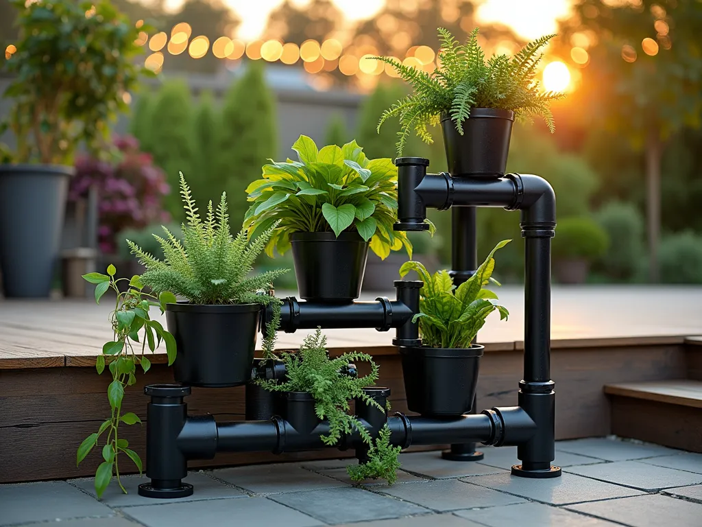 Modern Industrial Pipe Plant Stand in Garden Corner - A stunning industrial-style plant stand crafted from black metal pipes and fittings, positioned in a contemporary garden corner at golden hour. The 6-foot tall structure features multiple tiers of geometric pipe configurations, supporting an array of potted plants including cascading pothos, ferns, and succulents. The industrial aesthetic of the matte black pipes creates a dramatic contrast against the lush greenery and warm sunlight. Captured with shallow depth of field highlighting the architectural details of the pipe joints and connections. Natural stone pavers and weathered wooden deck elements visible in the background, with soft bokeh effects from string lights.