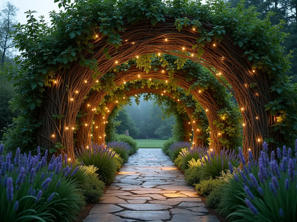 Living Willow Garden Arch at Dusk - A enchanting wide-angle view of a lush garden pathway at dusk, featuring gracefully arching living willow poles that have grown into a natural archway. The willow branches are intricately woven together, creating a magical tunnel effect with delicate leaves cascading down. Soft evening light filters through the foliage, casting ethereal shadows on the stone pathway below. Small fairy lights are intertwined within the structure, creating a warm, romantic ambiance. The archway is flanked by mixed perennial borders with lavender and ornamental grasses, while climbing roses begin to interweave with the willow structure. The scene is captured with a dreamy, atmospheric quality that highlights the organic architecture of the living willow poles, photorealistic, high-end garden photography style.