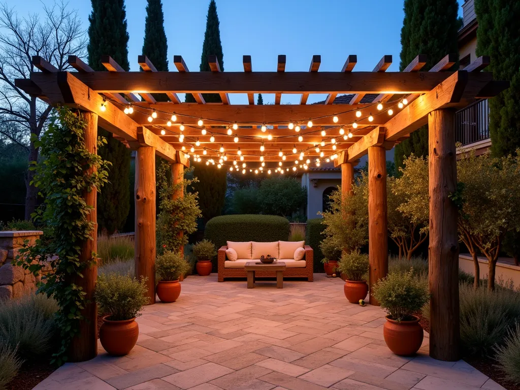 Mediterranean Evening Garden with String Light Poles - A stunning dusk photograph of a Mediterranean-style garden patio, featuring weathered wooden poles arranged in an elegant formation supporting warm, glowing string lights creating a magical canopy overhead. The 8-foot rustic cedar poles show natural patina, complemented by climbing jasmine vines at their base. The scene captures a cozy seating area beneath with terra cotta planters, olive trees, and lavender borders. The golden hour lighting casts long shadows across the textured stone patio, while the string lights create a romantic ambient glow. Shot with a wide-angle lens at f/8 to capture both the intimate ground-level details and the expansive lighting canopy above, with the lights creating a bokeh effect against the deepening twilight sky. Mediterranean cypress trees frame the background, adding vertical drama.