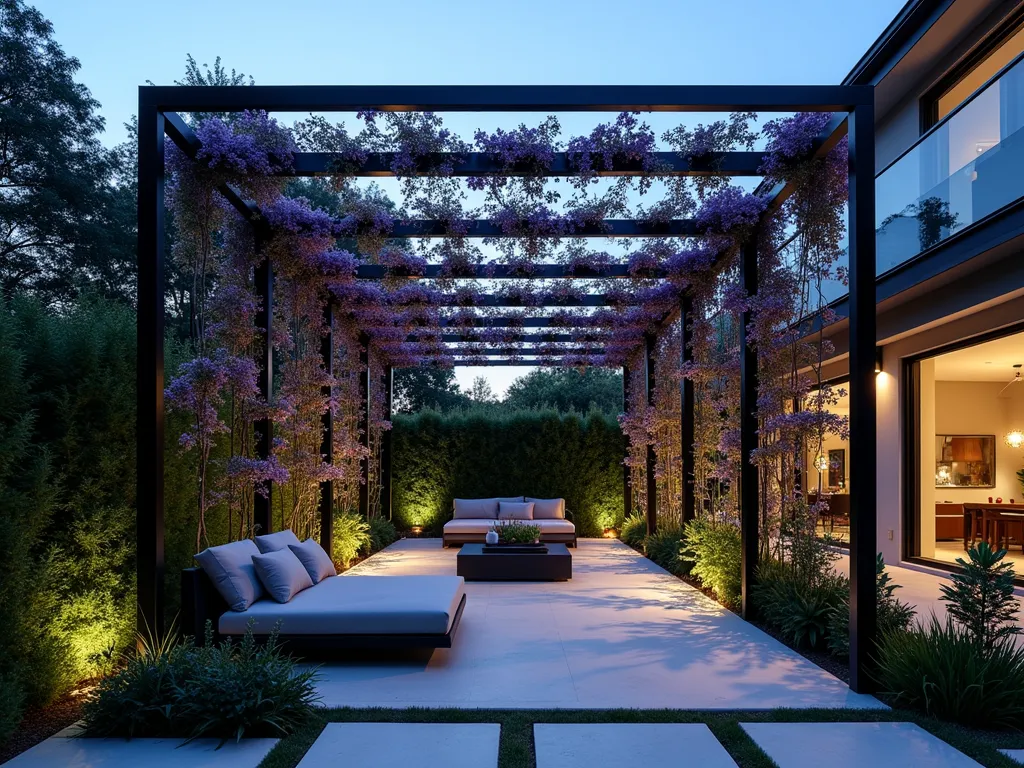 Modern Geometric Garden Grid Support - A stunning twilight photograph of a contemporary urban garden featuring a minimalist black metal geometric grid structure, composed of intersecting vertical and horizontal poles forming perfect squares. The 8-foot-tall architectural support system is adorned with climbing purple clematis and silvery moonflower vines, creating an ethereal living wall effect. Soft landscape lighting illuminates the structure from below, casting dramatic shadows on a light grey concrete patio. The wide-angle composition captures the entire installation against a modern house facade, with sleek outdoor furniture and strategic uplighting emphasizing the geometric patterns. Shot during blue hour with long exposure, 16mm, creating a moody and sophisticated atmosphere.