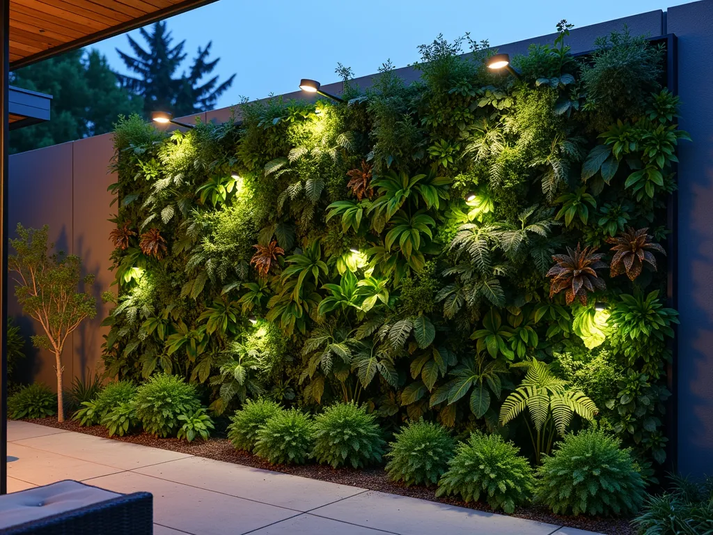 Modern Living Wall with Structural Support System - A stunning vertical garden at dusk, illuminated by soft ambient lighting. The living wall spans 12 feet high, supported by sleek stainless steel poles integrated into a modular panel system. Lush foliage cascades down in a organized pattern, featuring varying shades of green from ferns, philodendrons, and flowering plants. Shot from a low angle perspective using a 16-35mm lens at f/2.8, capturing the full height and architectural details of the support structure. Small LED lights nestled within the foliage create a magical atmosphere against the contemporary home's exterior wall. The foreground shows a modern patio space with minimal furniture, allowing the living wall to be the focal point. Dew drops glisten on the leaves, adding a natural sparkle to the scene.