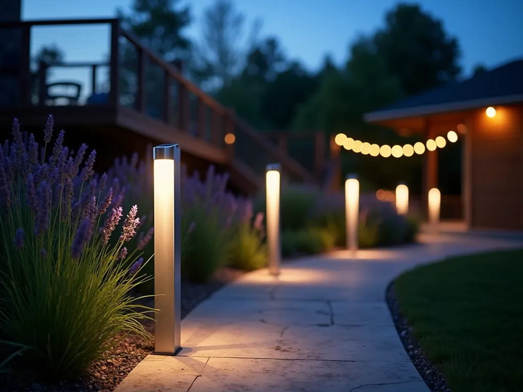 Modern Solar Garden Poles at Twilight - A twilight garden scene captured with a wide-angle lens, featuring elegant brushed steel solar-powered garden poles, standing 6 feet tall with modern cylindrical LED fixtures casting a warm white glow. The poles line a curved stone pathway through a landscaped garden, creating dramatic lighting patterns on the ground. The background shows a contemporary deck with subtle ambient lighting, while ornamental grasses and lavender sway gently in the foreground. The deep blue dusk sky contrasts beautifully with the illuminated poles, which are arranged in an artistic zigzag pattern, photographed with a professional DSLR camera at f/8, ISO 100, capturing the magical transition between day and night. Soft bokeh effects in the background highlight string lights on the deck, creating layers of illumination throughout the space.