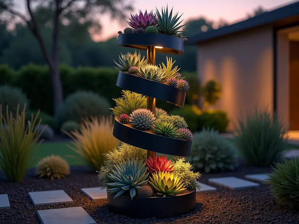 Modern Succulent Tower Garden - A dramatic twilight photograph of a 7-foot tall modern cylindrical metal pole garden structure featuring multiple circular tiers of drought-resistant succulents in various sizes and colors. The structure stands as a stunning focal point in a contemporary backyard garden, with integrated soft LED lighting illuminating the cascading levels of Echeveria, Sempervivum, and Sedum plants. The architectural design shows meticulously arranged succulents in a spiral pattern, creating a living sculpture effect. Shot with shallow depth of field highlighting the intricate details of the succulents against a softly blurred natural garden background with ornamental grasses. Golden hour lighting casts warm shadows across the textural plants, emphasizing their geometric patterns and varied colors from blue-green to purple and coral.