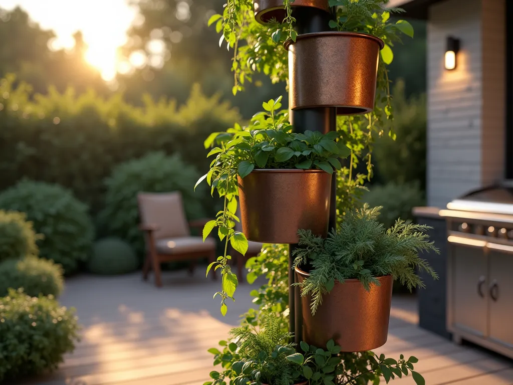 Modern Vertical Herb Garden Pole Display - Photorealistic close-up shot of an elegant vertical herb garden system at golden hour, featuring multiple weathered copper cylindrical planters attached to a sleek dark metal pole at varying heights. Fresh herbs including basil, thyme, rosemary, and sage cascade from the planters, creating a living spiral effect. The pole is positioned on a modern patio corner with warm wooden decking, while soft evening sunlight filters through the herbs creating gentle shadows. Background shows a contemporary outdoor kitchen setup slightly out of focus, emphasizing the functionality of the herb garden's placement. Professional landscaping lighting subtly illuminates the herbs from below.