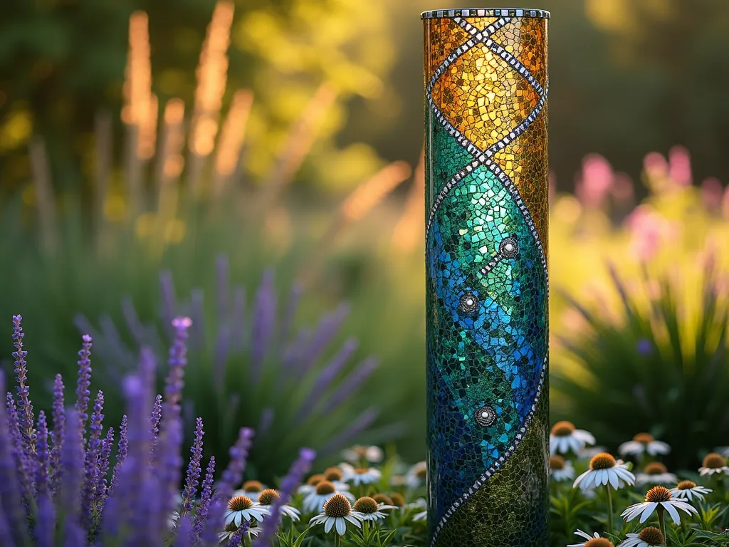 Luminous Mosaic Garden Pole at Sunset - A stunning close-up shot of a 6-foot tall garden pole adorned with an intricate spiral mosaic pattern featuring iridescent glass tiles in shades of cobalt blue, emerald green, and amber gold. The pole stands prominently in a lush garden setting with ornamental grasses and lavender swaying gently in the background. The late afternoon sun casts a warm glow on the mosaic surface, creating magical light reflections across the garden. Small mirror pieces integrated into the design catch and scatter light, while the geometric patterns flow organically up the pole. The base is surrounded by a circular bed of purple salvia and white echinacea flowers. Photorealistic, high detail, magical garden atmosphere, golden hour lighting.