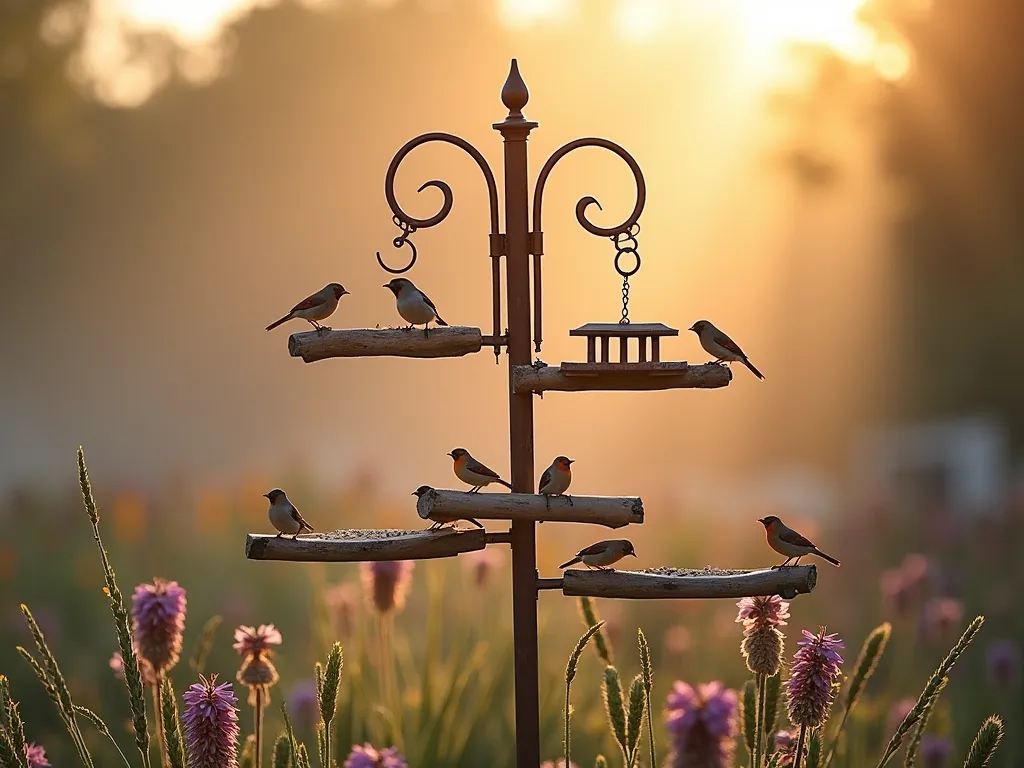 Multi-Level Bird Feeding Paradise - A serene dawn photograph of an elegant garden pole bird feeding station, shot at f/2.8 with morning light filtering through. The 6-foot decorative metal pole features multiple extending copper arms holding various wooden feeding platforms and perches at different heights. Small songbirds gather at dawn, with cardinals and finches perched on natural wood branches. The feeding station is surrounded by ornamental grasses and purple coneflowers swaying gently in the morning breeze. Soft bokeh effect in background shows a misty garden landscape. The scene is captured from a low angle perspective, emphasizing the height and grace of the structure against the warm morning sky.