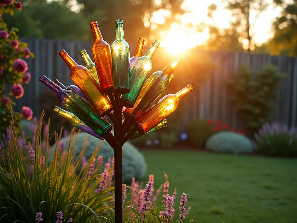 Enchanting Glass Bottle Tree at Sunset - A stunning photographic capture of a 7-foot metal garden pole tree adorned with vibrant rainbow-colored glass bottles, photographed during golden hour. The setting sun's rays filter through the blues, greens, ambers, and purples of the antique bottles, casting magical colored shadows across a lush garden backdrop. The bottle tree stands as a focal point against a blurred background of flowering perennials and ornamental grasses. Shot with a wide-angle perspective at f/2.8, creating a dreamy bokeh effect that captures the ethereal light dance through the glass. The artistic Southern garden feature is positioned near a rustic wooden fence, with climbing roses adding depth to the composition. The warm evening light creates a mesmerizing interplay of colors and reflections, emphasizing the whimsical and enchanting nature of this traditional garden art piece.