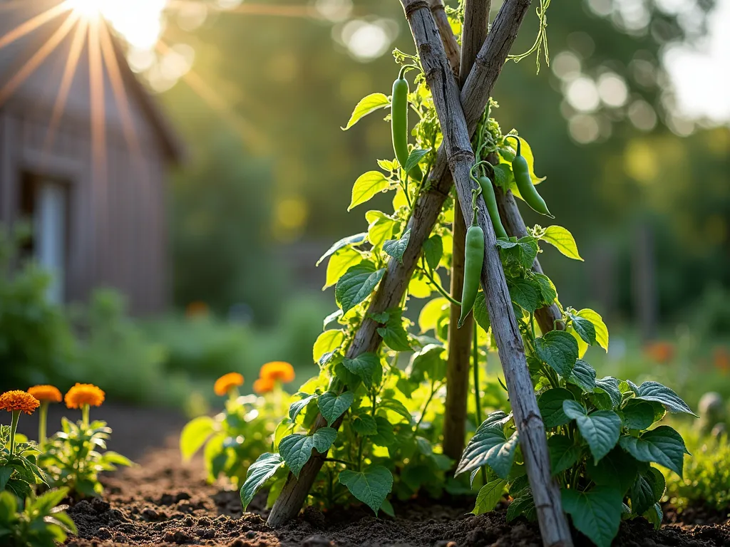 Rustic Bean Pole Teepee at Dawn - A serene early morning garden scene featuring a 7-foot-tall rustic teepee structure made from weathered wooden poles, set against soft dawn light. The teepee is adorned with flourishing climbing green beans and snap peas, their tendrils gracefully winding up the natural wood poles. Morning dew glistens on the leaves, while the structure casts gentle shadows on the rich garden soil below. The teepee is positioned in a well-maintained vegetable garden corner, with companion plants like marigolds and herbs surrounding its base. The wooden poles show beautiful natural aging with subtle silver-gray patina, creating an authentic farmhouse aesthetic. Photographed from a three-quarter angle to showcase both the structural design and the abundance of climbing plants, photorealistic, high detail, soft morning lighting, shallow depth of field