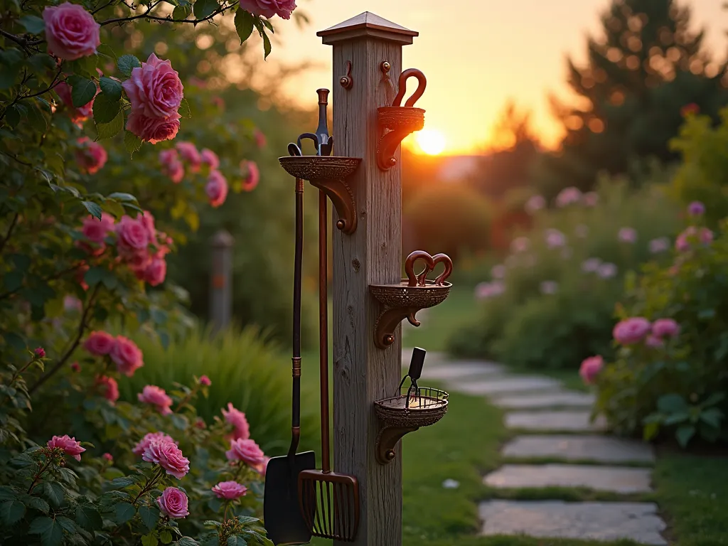 Rustic Garden Tool Storage Pole at Sunset - A stunning dusk scene capturing a 7-foot weathered cedar pole with artistic bronze hooks and copper tool holders thoughtfully arranged in a spiral pattern, set against a lush garden backdrop. Garden tools including rakes, spades, and pruning shears hang elegantly, creating an organized yet decorative display. Warm golden sunset light filters through nearby climbing roses and clematis, casting intricate shadows on the weathered wood. The pole features a copper cap and small copper shelf attachments for smaller tools, while a natural stone path leads to this functional art piece. Shot with shallow depth of field, emphasizing the rich textures of the wood and metal fixtures, with soft bokeh effects in the garden background. 16mm wide-angle perspective captures the full height and surrounding garden context.