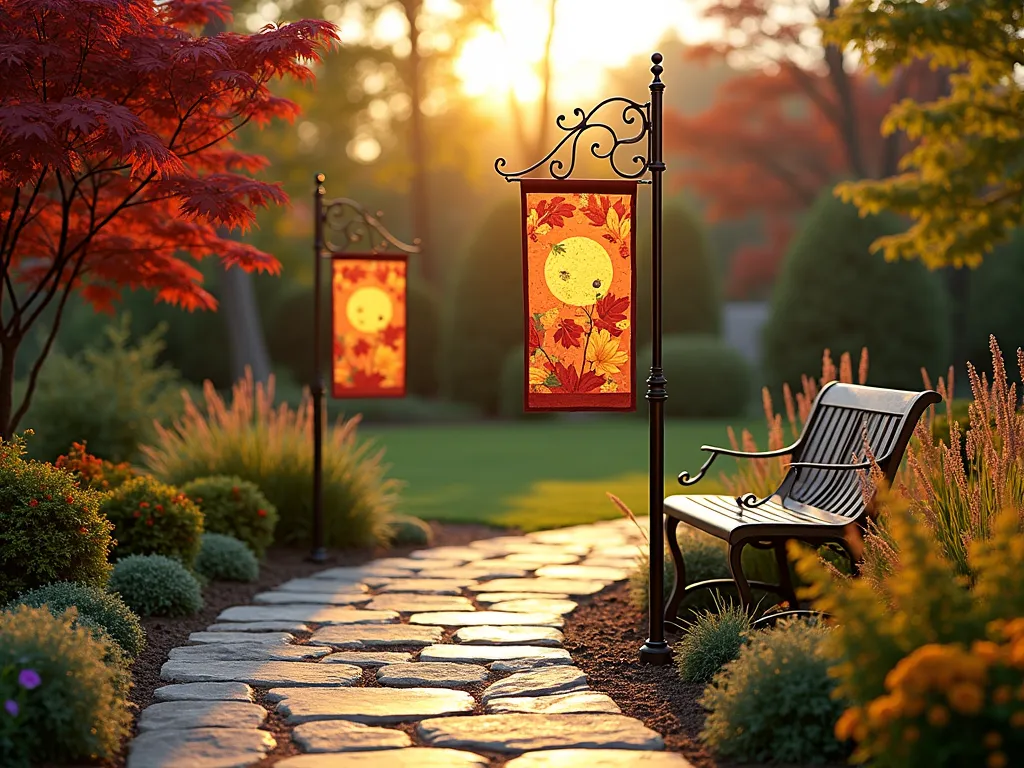 Seasonal Garden Banner Posts at Sunset - A charming garden scene at golden hour featuring two elegant 8-foot decorative metal poles with ornate finials, displaying colorful autumn-themed garden banners gently swaying in the breeze. The poles are strategically placed along a curved garden path bordered by ornamental grasses and flowering perennials. The warm sunset light casts long shadows across the textured flagstone path, while Japanese maples provide a stunning burgundy backdrop. The banner poles are finished in weathered bronze, complementing the natural garden elements. A vintage-style garden bench sits nearby, creating a cohesive garden vignette. Photographed in a wide-angle perspective to showcase the entire garden setting with soft, atmospheric lighting.