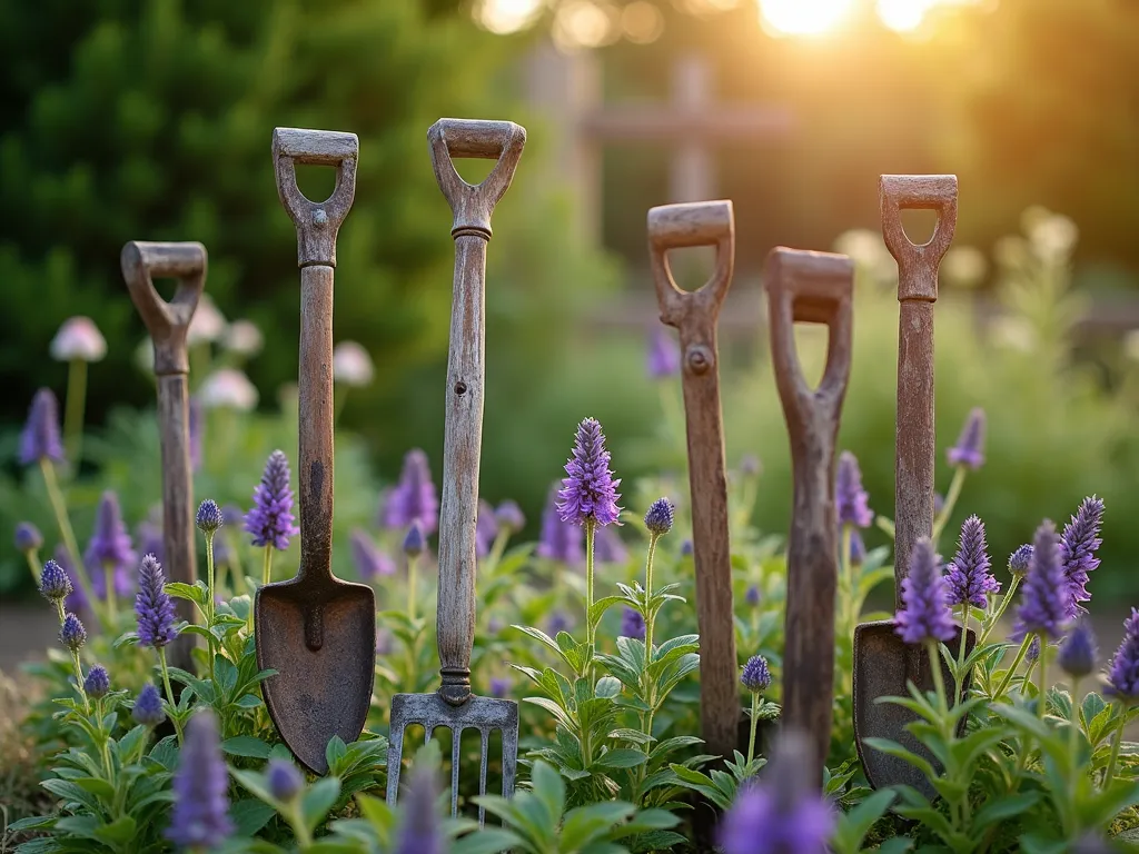 Vintage Garden Tool Handle Display - Close-up shot of a charming garden vignette featuring weathered wooden tool handles repurposed as garden markers, artfully arranged in a cottage garden setting. The vintage handles, ranging from spades to pitchforks, stand vertically at varying heights, their worn patinas catching the warm late afternoon sunlight. Purple coneflowers and lavender brush against the rustic posts, while climbing roses weave between them. Shot with shallow depth of field highlighting the intricate textures of the aged wood against a softly blurred background of lush greenery. The scene captures a nostalgic, rustic atmosphere with golden hour lighting casting long shadows across the garden bed.