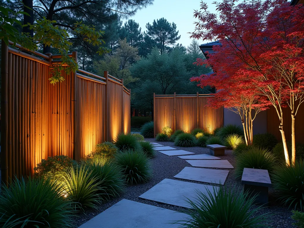 Tranquil Bamboo Screen Garden Divider - A serene twilight garden scene captured with a wide-angle lens showing an elegant Japanese-inspired garden space divided by tall bamboo pole screens arranged in a rhythmic pattern. The screens, varying in height from 6 to 8 feet, cast gentle shadows on a stone path winding through ornamental grasses. Soft landscape lighting illuminates the bamboo poles from below, creating a warm, ethereal glow. In the foreground, a small meditation bench sits beside a stone water feature, while Japanese maple trees with delicate red leaves provide a striking contrast against the natural bamboo tones. The composition is photographed during blue hour, with subtle garden lights creating depth and atmosphere. Shot at f/2.8 with slight depth of field blur enhancing the peaceful ambiance.