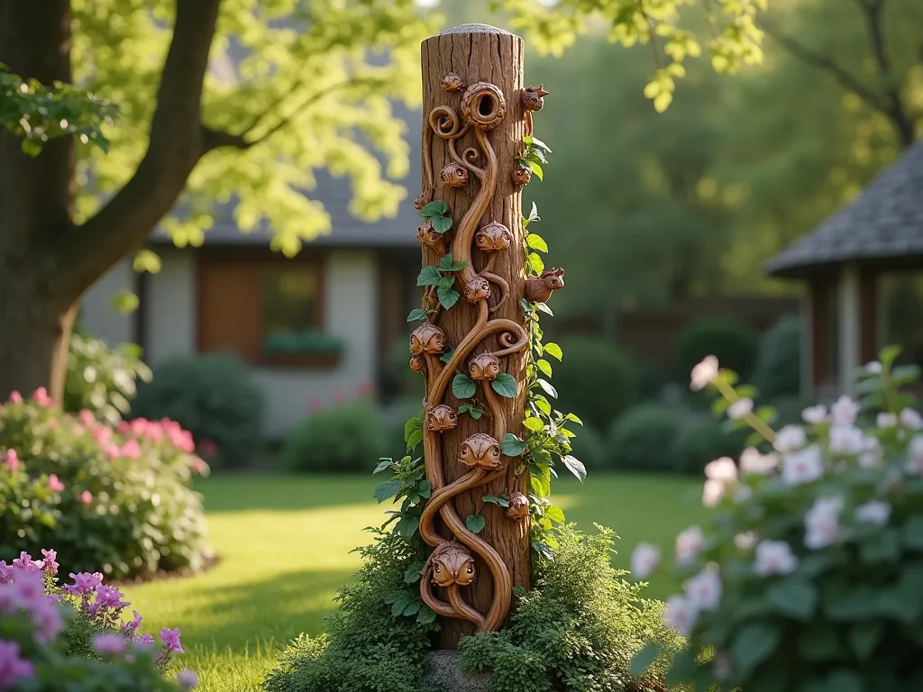 Enchanted Woodland Garden Post - A stunning hand-carved wooden garden post in rich cedar tones, standing 6 feet tall in a lush garden setting. The post features intricately carved spiraling vines, delicate leaves, and woodland creatures including owls and squirrels emerging from the wood. Soft natural lighting highlights the detailed craftsmanship, with climbing clematis vines partially wrapping the base. The background shows a blurred cottage garden with dappled sunlight filtering through trees. Photorealistic, high detail, magical atmosphere, artisanal craftsmanship