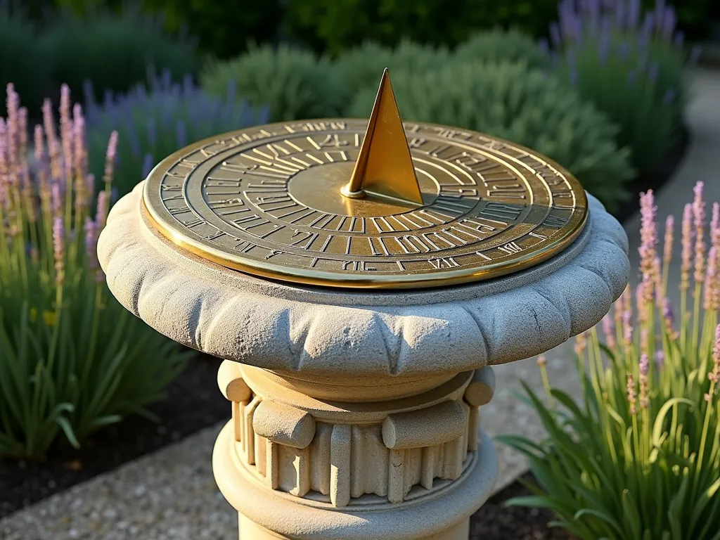 Classical Garden Sundial Post - A professional architectural photograph of an elegant stone garden post transformed into a sundial, set in a manicured herb garden. The circular brass sundial plate sits atop a weathered limestone column with delicate carved details. Morning sunlight casts dramatic shadows across the numerical markings. Surrounded by neatly trimmed lavender and thyme borders, with a gravel path leading to it. Roman numerals elegantly etched into the brass face catch the golden light. The scene has a timeless, educational quality with a classical English garden atmosphere.