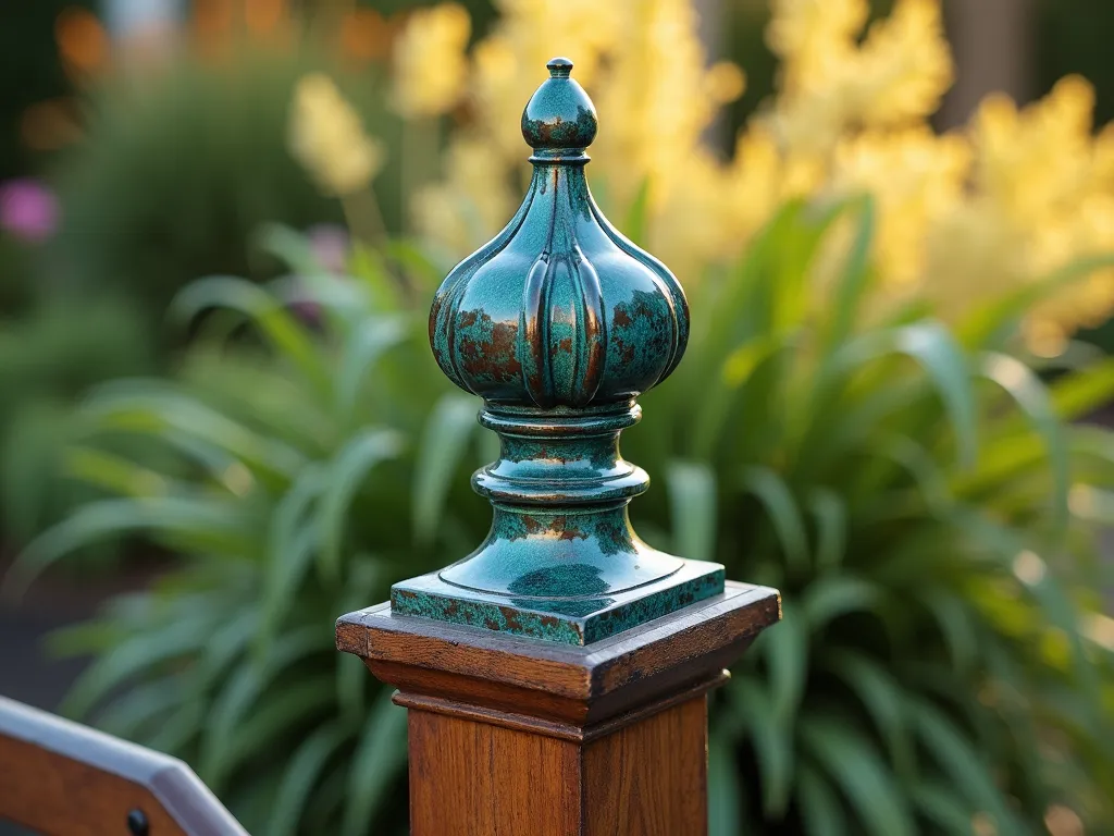 Elegant Copper Post Cap with Patina - A close-up architectural photograph of an elegant wooden garden post topped with an ornate copper cap, showing beautiful verdigris patina in varying shades of blue-green and copper. The post is situated in a well-maintained garden setting with soft, blurred botanical background. Late afternoon sunlight creates a warm glow on the metallic surfaces, highlighting the intricate details of the copper cap's design. The patina shows natural weathering patterns, creating an artistic, timeworn appearance that suggests both luxury and organic evolution.