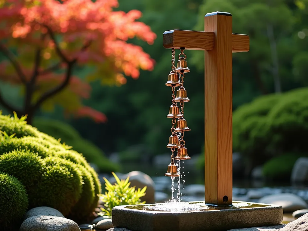 Copper Rain Chain Garden Post - A serene Japanese garden scene featuring an elegant wooden post with a copper rain chain cascading down its center, water droplets glistening in soft sunlight. The hollow cedar post stands 6 feet tall against a lush green background of Japanese maples and moss. Water flows gracefully down the decorative copper cups and bells of the rain chain, creating a mesmerizing pattern. Shallow stone basin at the base catches the water, surrounded by smooth river rocks and delicate ferns. Atmospheric photography, soft natural lighting, shallow depth of field, 4K quality.