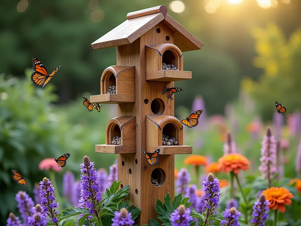 Enchanted Butterfly House Garden Post - A tall, artisanal wooden garden post with an intricately designed butterfly house mounted at eye level, photographed in soft afternoon sunlight. The post features multiple tiers of natural wood shelters with small openings and landing platforms, adorned with copper accents. Purple coneflowers, butterfly bush, and lantana bloom abundantly around its base. Several monarch and swallowtail butterflies hover near the house openings. The post has a rustic yet elegant design with decorative scrollwork and integrated insect hotels featuring bamboo tubes and drilled wood patterns. The scene is set in a lush cottage garden with soft bokeh effect in the background.