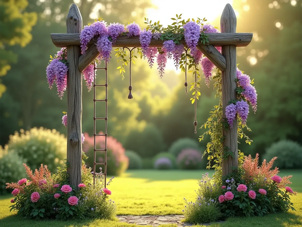 Enchanted Garden Play Post - A sunlit garden scene featuring two rustic wooden posts connected by cross beams forming an elegant climbing frame, draped with flowering purple wisteria and climbing roses. Children's climbing ropes and a wooden ladder are tastefully integrated into the structure. The posts are surrounded by lush green landscaping with cottage garden flowers at the base. Natural wooden finish, soft afternoon lighting, and a dreamy bokeh effect in the background. Photorealistic style.