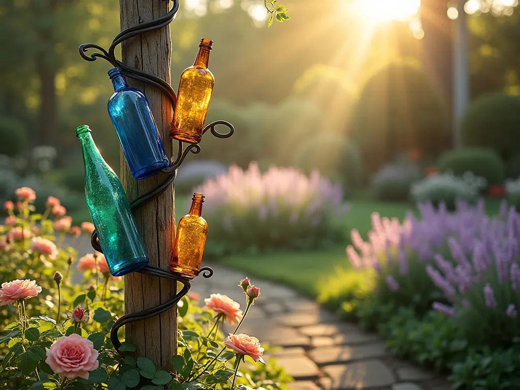 Enchanting Garden Bottle Tree - A sunlit garden scene featuring an artistic wooden post with ornate metal arms branching outward in a spiral pattern, adorned with cobalt blue, emerald green, and amber glass bottles. The bottles catch the late afternoon sunlight, casting colorful shadows on the rustic wooden post and surrounding garden. Delicate climbing roses wind around the base, while a soft-focus cottage garden with lavender and wildflowers creates a dreamy background. Photorealistic, magical atmosphere, dappled sunlight, folk art style, golden hour lighting